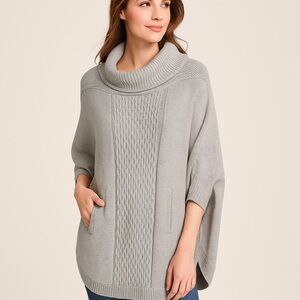 Cabi Cable Knit Cowl Neck Poncho Sweater with Pockets Gray Size Small